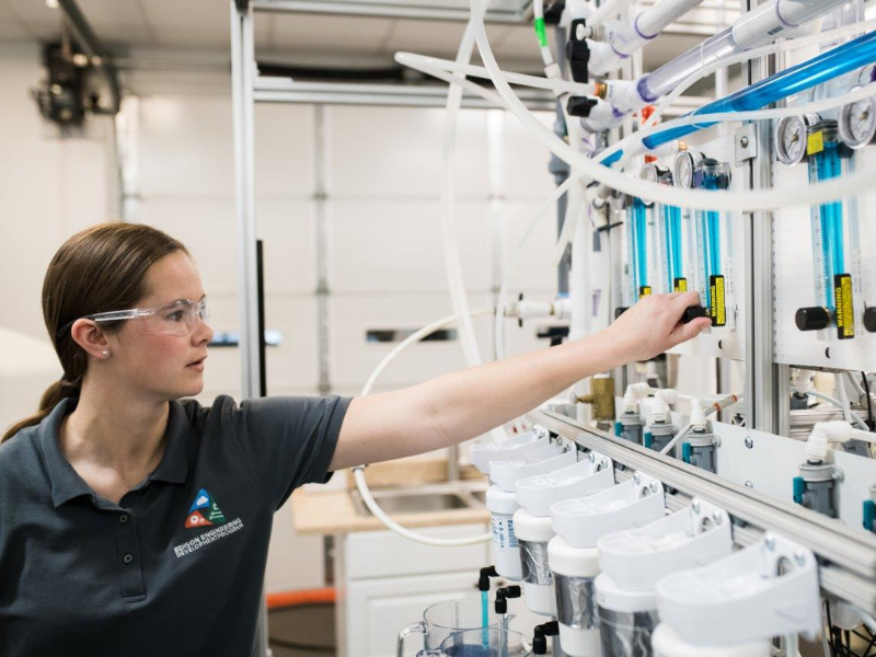 Katherine Caverno, Senior Design Engineer for Refrigeration, tests the effectiveness of genuine GE Appliances' water filters compared to counterfeit knock-offs